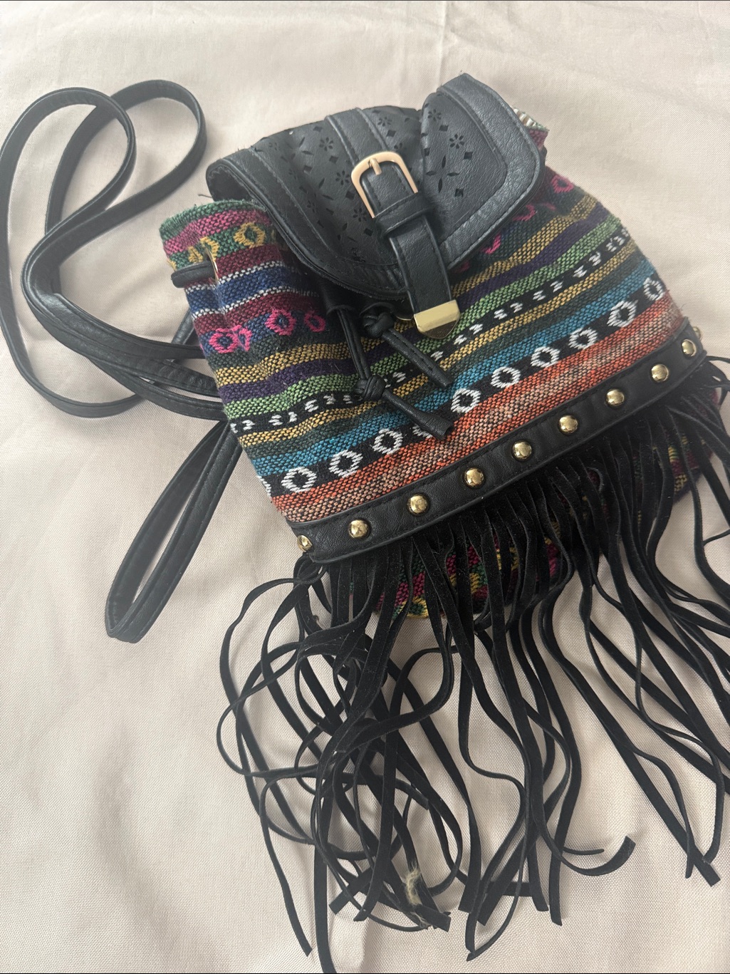 Mini Boho Fringe Multicolor Crossbody Bag With Black Trim